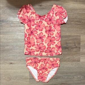 Carter's Pink Peach Orange Hawaiian Flower Rashguard Bikini Swim Set